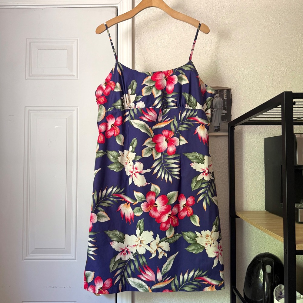 KY'S vintage cotton poplin navy floral Hawaiian tropical sleeveless mini dress